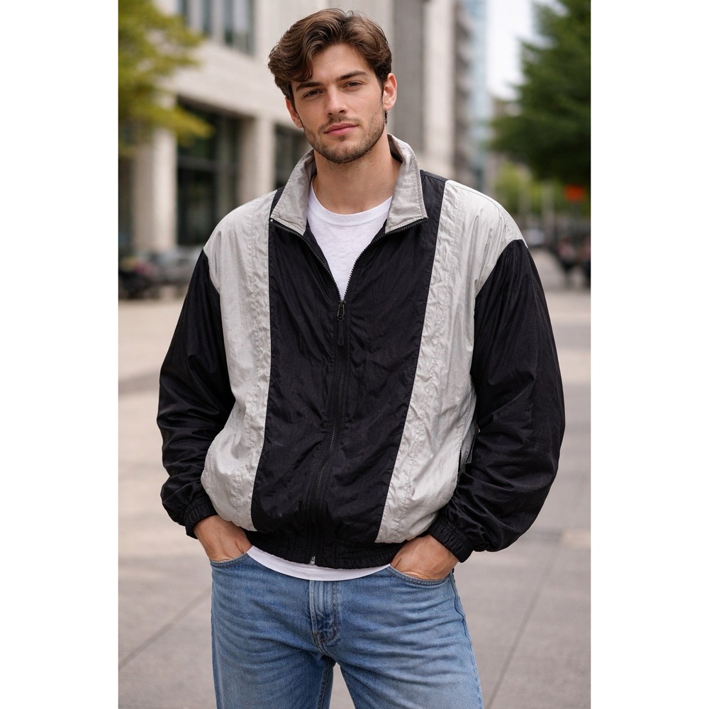 Vtg Black Gray  Windbreaker Winner Sz M 90s Jacket Parachute READ